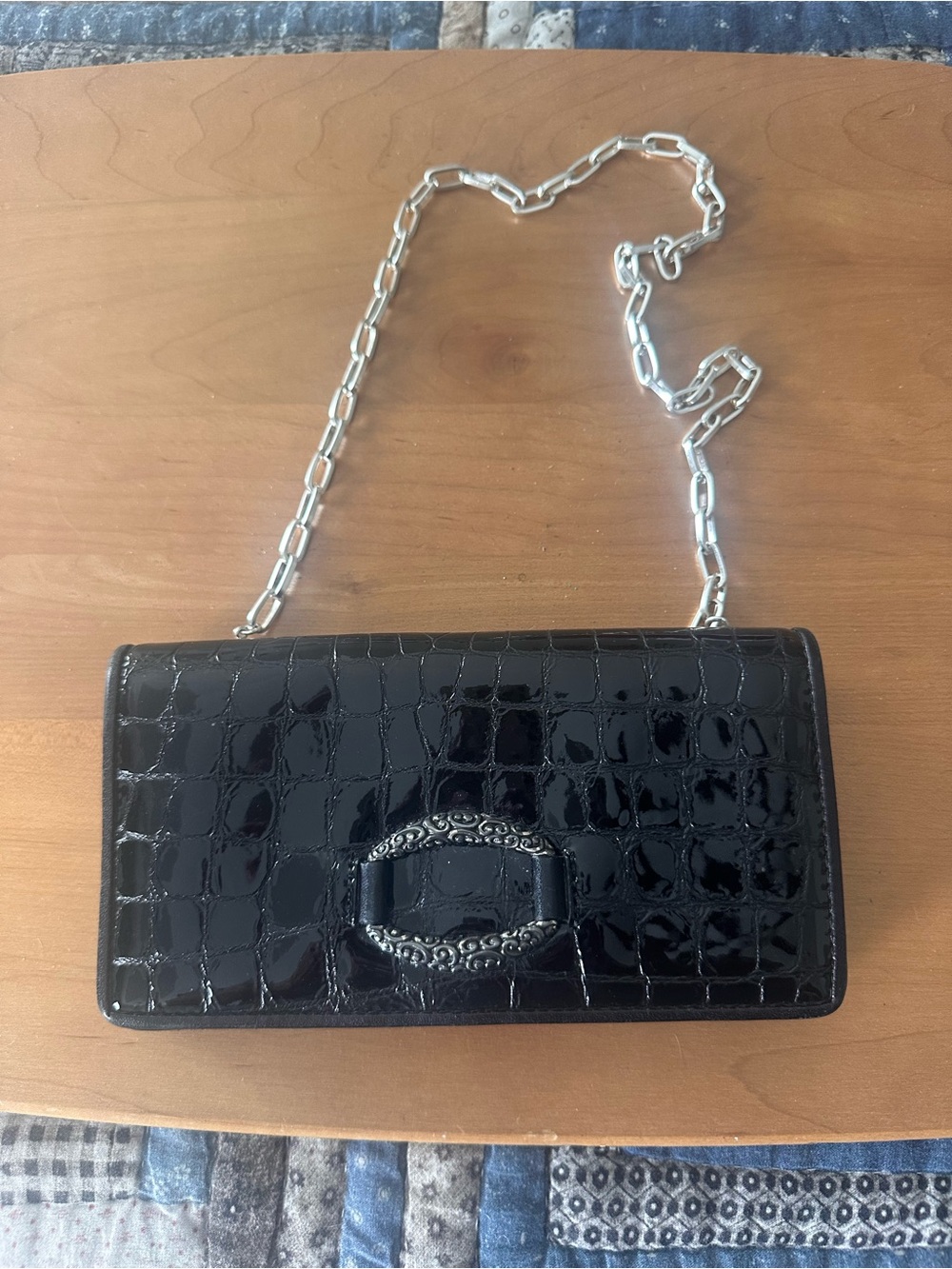 Brighton Black Patent Croc-Embossed Chain Clutch